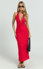 Lyla Midi Dress - Tie Front Plunge Halter Linen Blend Dress in Red