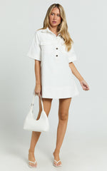 Lynda Mini Dress - Short Sleeve Collared Patch Pocket Shift Dress in Off White