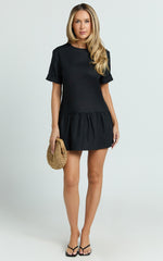 Lyons Mini Dress - High Neck Short Sleeve Drop Waist Gathered Skirt Dress in Black