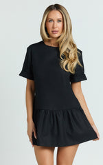 Lyons Mini Dress - High Neck Short Sleeve Drop Waist Gathered Skirt Dress in Black