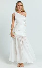 Mackenzie Maxi Dress - Tipped Shoulder Drop Waist Full Gathered Skirt Dress in White