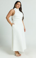 Macy Midi Dress - High Neck A Line Dress in Off White