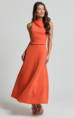 Macy Midi Dress - High Neck A Line Dress in Orange