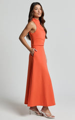Macy Midi Dress - High Neck A Line Dress in Orange