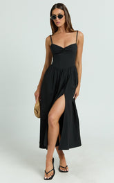 Maddie Midi Dress - Sweetheart Fit And Flare Gathered Dress in Black