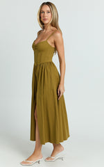 Maddie Midi Dress - Sweetheart Fit And Flare Gathered Dress in Khaki