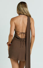 Maddox Mini Dress - Scarf Neck Low Tie Back Slip Dress in Brown