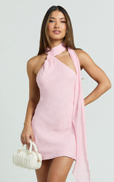 Maddox Mini Dress - Scarf Neck Low Tie Back Slip Dress in Pink