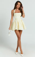Maddy Mini Dress - Square Neck Halter Fit And Flare Dress in Lemon