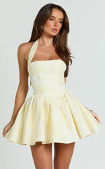 Maddy Mini Dress - Square Neck Halter Fit And Flare Dress in Lemon