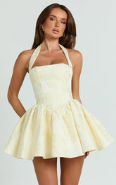 Maddy Mini Dress - Square Neck Halter Fit And Flare Dress in Lemon