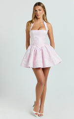 Maddy Mini Dress - Square Neck Halter Fit And Flare Dress in Pink
