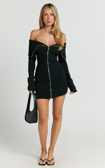 Madeline Mini Dress - Folded Off Shoulder Double Zip Hardware Front Knit Dress in Black