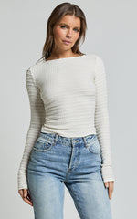 Madeline Top - Long Sleeve Textured Boat Neck Top in Cream