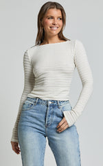 Madeline Top - Long Sleeve Textured Boat Neck Top in Cream