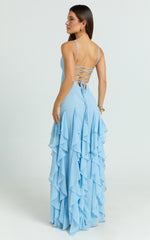 Maeve Maxi Dress - V Neck Ruffle Tier Slip Dress in Blue