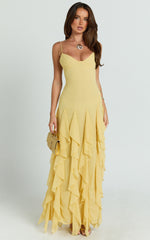 Maeve Maxi Dress - V Neck Ruffle Tier Slip Dress in Lemon