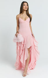 Maeve Maxi Dress - V Neck Ruffle Tier Slip Dress in Pink