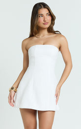Maia Mini Dress - Boucle Strapless A Line Dress in White