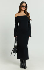 Maisie Midi Dress - Off Shoulder Long Sleeve Fitted Column Knit Dress in Black