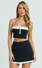 Makenzie Mini Skirt - Contrast Pleat Hem Straight Skirt in Black