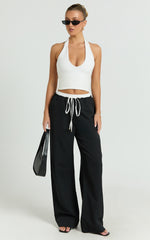 Maliha Pants - Mid Rise Contrast Elasticated Drawstring Wide Leg Tailored Pants in Black