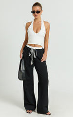 Maliha Pants - Mid Rise Contrast Elasticated Drawstring Wide Leg Tailored Pants in Black