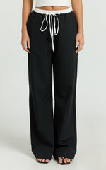 Maliha Pants - Mid Rise Contrast Elasticated Drawstring Wide Leg Tailored Pants in Black