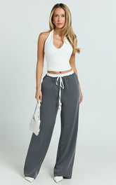 Maliha Pants - Mid Rise Contrast Elasticated Drawstring Wide Leg Tailored Pants in Charcoal