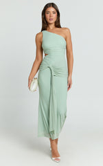 Mandy Midi Dress - Knot Detail Cut Out Mesh Dress in Sage