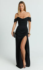 Marcel Maxi Dress - Off Shoulder Corset High Split Dress in Black