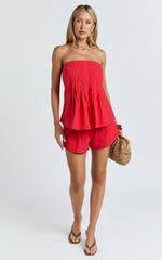 Mardie Two Piece Set - Pin Tuck Strapless Top and Short Set in Red
