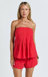 Mardie Two Piece Set - Pin Tuck Strapless Top and Short Set in Red