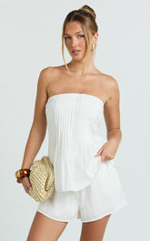 Mardie Two Piece Set - Pin Tuck Strapless Top and Short Set in White