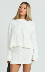 Marge Mini Skirt - High Waisted Cable Knit Mini Skirt in White