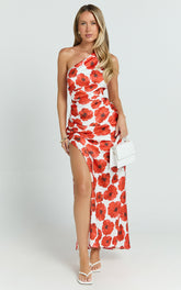 Maria Midi Dress - One Shoulder High Slip Leg in Red Floral