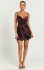 Mariana Mini Dress - Cowl Neck Drawstring Waist Slip Dress in Burn Out Floral
