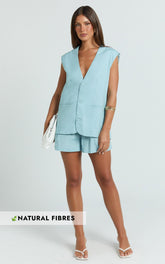 Marlee Two Piece Set - Linen Look Button Through Vest and Shorts Set in Blue