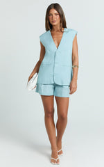 Marlee Two Piece Set - Linen Look Button Through Vest and Shorts Set in Blue