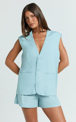 Marlee Two Piece Set - Linen Look Button Through Vest and Shorts Set in Blue