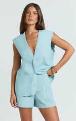 Marlee Two Piece Set - Linen Look Button Through Vest and Shorts Set in Blue
