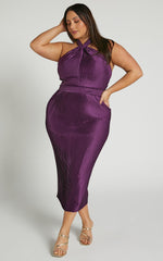 Marlette Midi Dress - Pleated Open Back Halter Dress in Aubergine