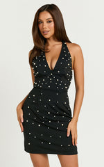 Marya Mini Dress - Pearl Detail Plunge Neck Dress in Black