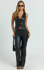 Marzia Pants - Faux Leather Mid Waisted Straight Leg Pants in Black