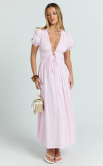 Matteo Midi Dress - Deep V Neck Puff Sleeve Dress in Pink