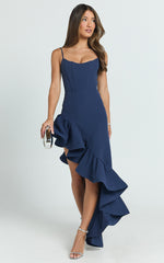 Maura Maxi Dress - Scoop Neckline Ruffle High Low Dress in Navy