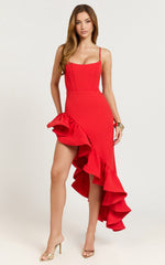 Maura Maxi Dress - Scoop Neckline Ruffle High Low Dress in Red