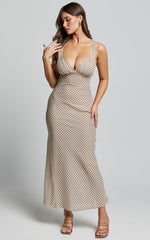 Mauriel Midi Dress - Deep V Gathered Bust Slip Dress in Natural Geo