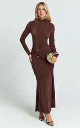 Maxime Maxi Dress - Long Sleeve Twist Front Dress in Chocolate