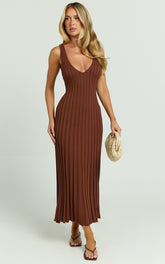 Maya Midi Knit Dress - Sleeveless V Neck Knited Dress in Dark Chocolate